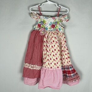 Lydia Jane Red Gingham Floral Patchwork Off the Shoulder Apron Dress -Size 5